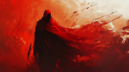 Scarlet cloaked wraith emerging through abstract crimson storm.