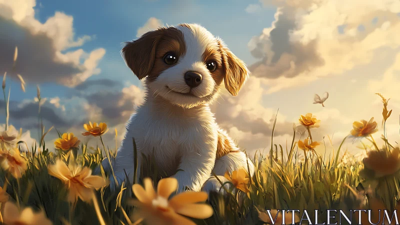 Digitally rendered puppy sits in a flowered field at sunset