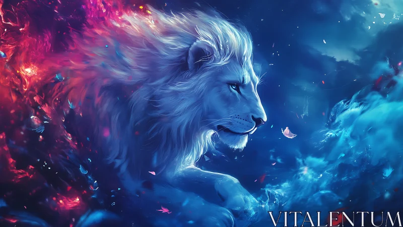 Profile view of blue lion amid contrasting color clouds.