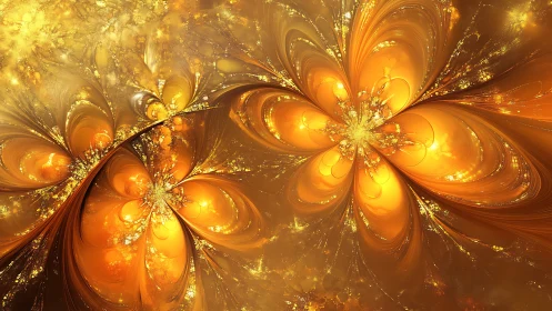 Golden fractal blossoms radiate across luminous abstract field