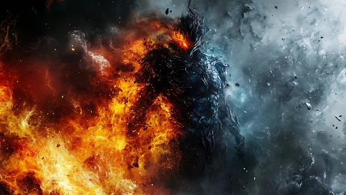 Elemental fire and ice humanoid in violent energy clash.