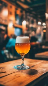 Foamy golden ale glows like a small sunset on taproom wood.