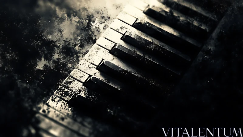 Piano keyboard lies diagonally with weathered, decayed keys