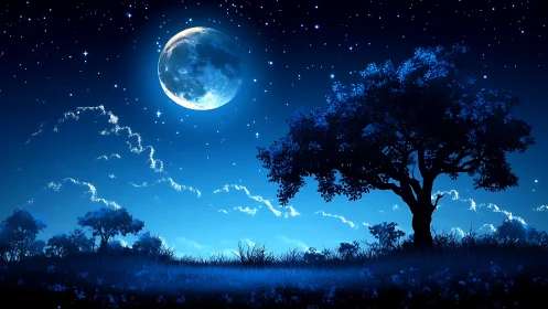 Moonlit tree dominates luminous blue night landscape