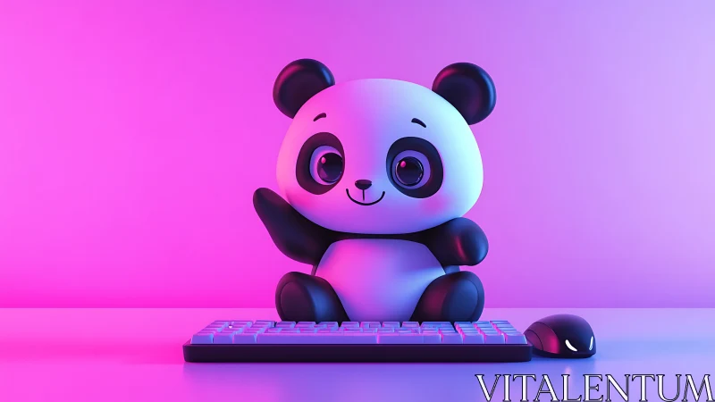 Cute neon panda mascot waves from a vibrant gaming desk