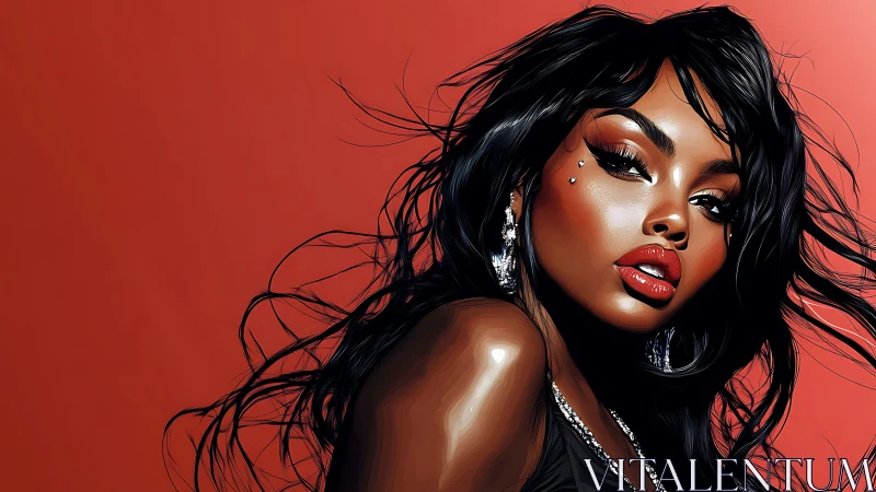 Digital portrait shows stylized woman against red background