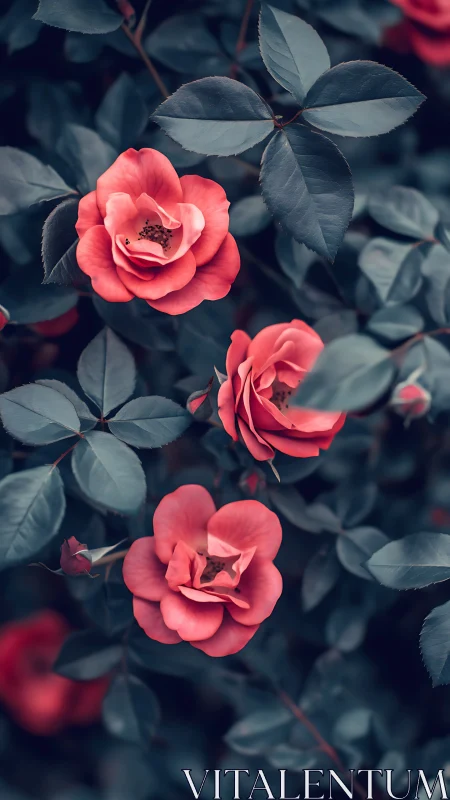 Coral Petals Bloom Through Shadowed Foliage.