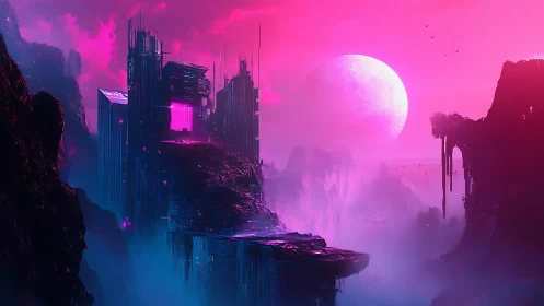 Neon cliffs cradle a lunar-soaked cyber skyline dream.