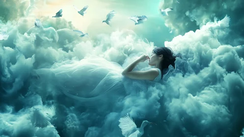 Woman in white dress resting among dense stylized clouds.