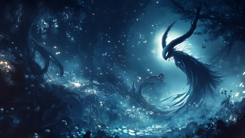 Moonlit wraith in bioluminescent enchanted forest.