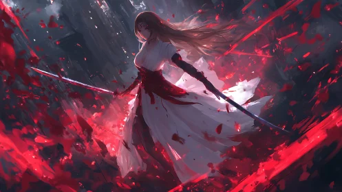 Sword-wielding warrior in crimson-splashed digital storm.