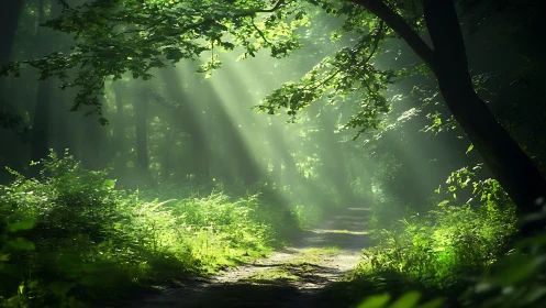 Sunlit Forest Path with Lush Greenery in a Tranquil Morning Scene.