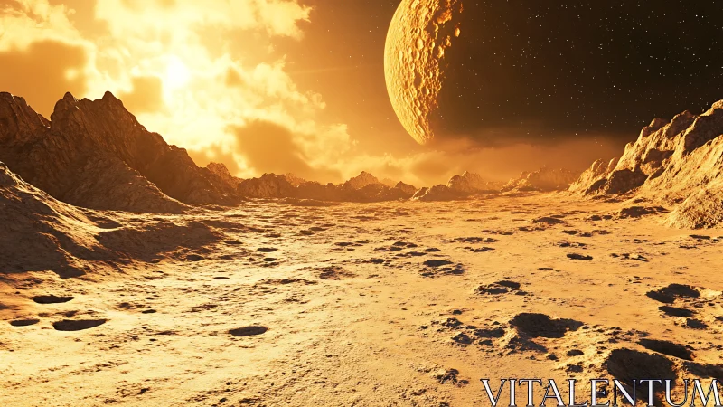 Golden alien desert unfolds beneath a looming cratered moon