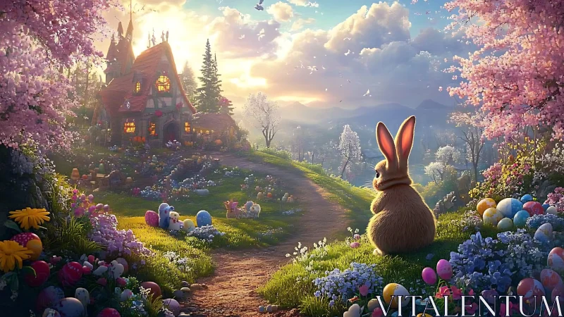 Golden hour rabbit overlooks pastel Easter valley path.