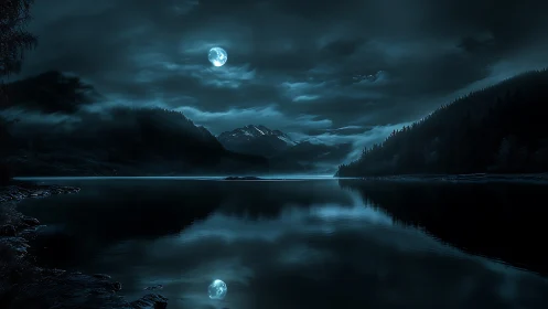Full moon illuminates mountain lake under dense cloud cover