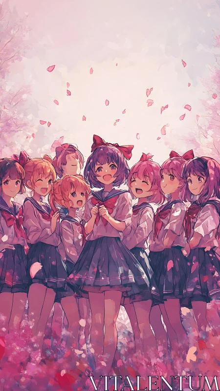 Springtime reunion of smiling schoolgirls under blossoms.