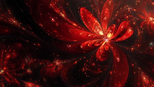 Red fractal floral formations on dark digital background.