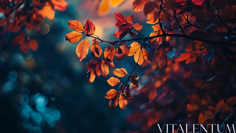Autumn leaves on tree branch in soft-focus bokeh background.