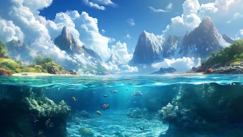 Tropical Island Paradise Split View with Underwater Marine Life