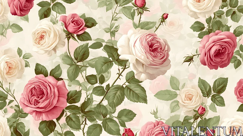Vintage Garden: Pink and Cream Roses with Green Foliage.