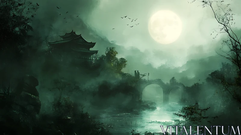 Misty moonlit river with pagoda and stone arch bridge.
