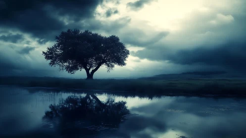 Solitary tree mirrored in still water under dense clouds.
