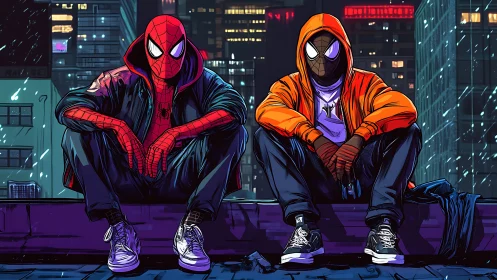 Two masked superheroes sit on rooftop ledge in rainy city