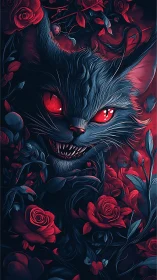 Stylized dark feline head surrounded by red roses floral.