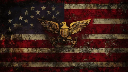 Weathered US flag with golden eagle emblem centerfold.
