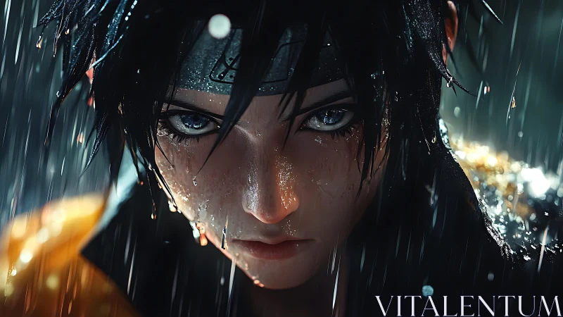 Close anime-style portrait of wet ninja character in rain.