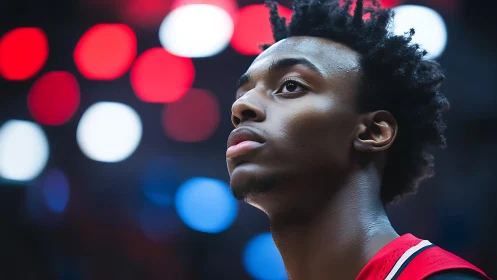 Courtside portrait under defocused arena lights at night.