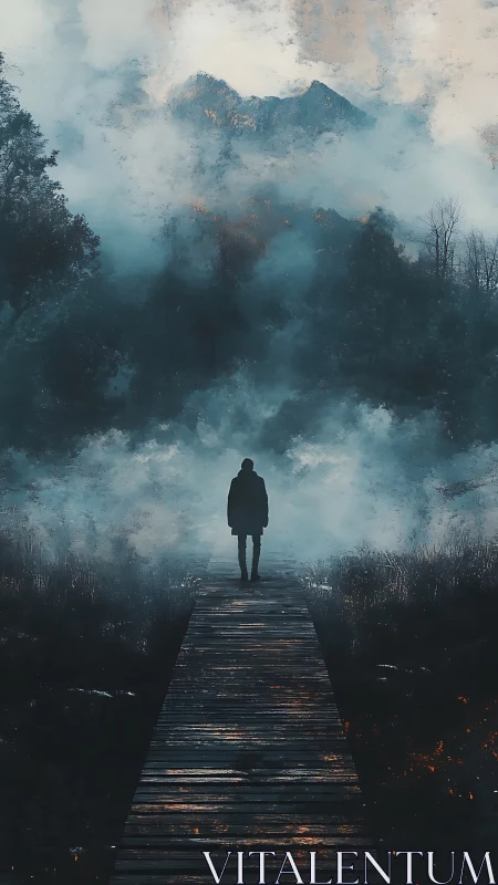 Solitary figure crossing misty forest boardwalk at dawn.