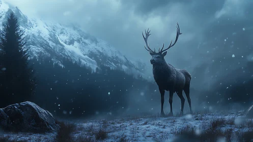 Cervid silhouette in glacial storm-lit alpine convergence.