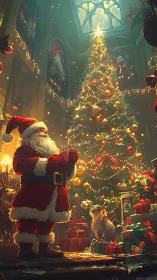 Santa pauses in cathedral glow beneath a towering Christmas tree.