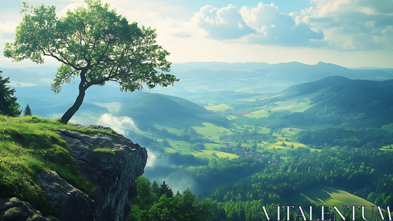 Lone tree crowns a sunlit cliff above misty green valley.