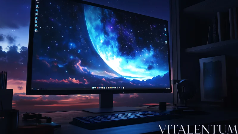 Ultra-wide desktop monitor shows cosmic sky wallpaper