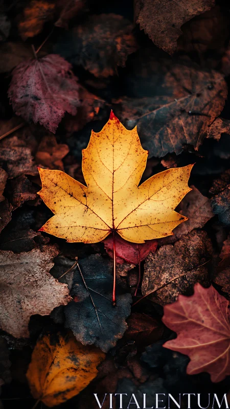 Golden maple leaf blazing against a brooding autumn carpet.