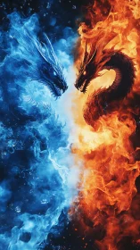 Twin elemental dragons clash where fire licks at frozen storm