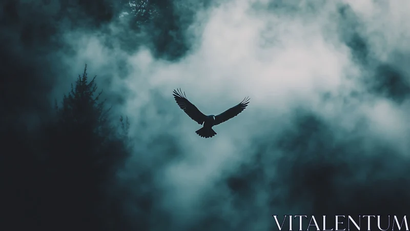 Solitary dark bird in moody teal fog above forest canopy.