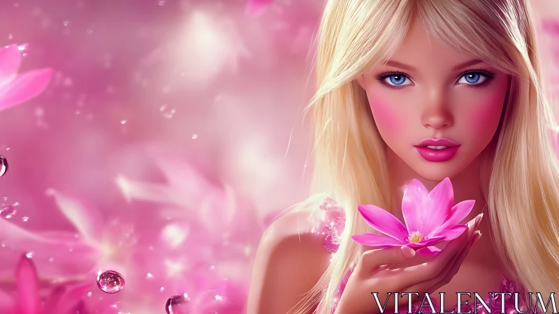 Soft pink muse holds a radiant flower in dreamy light