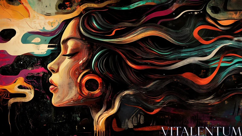 Profile portrait with flowing multicolor vector hair strands