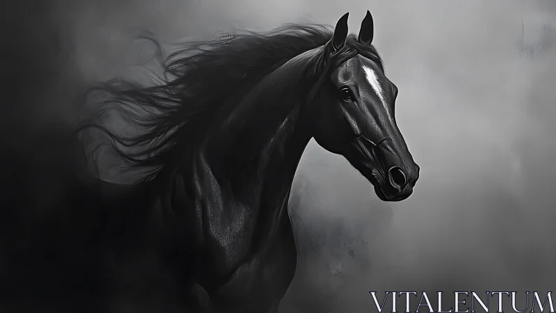 Powerful black horse emerges softly from swirling mist