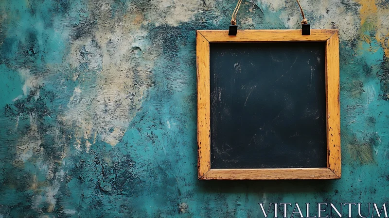 Wooden framed blank chalkboard hangs on textured wall