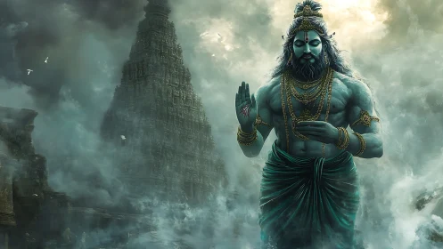 Colossal teal deity materializes before shrouded stone temple in mist