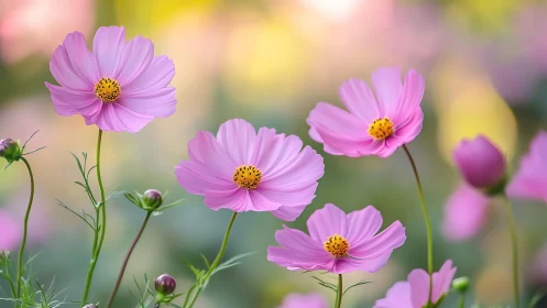 Pink cosmos flowers with golden centers in soft-focus garden setting.