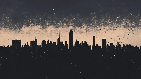 Moody city skyline silhouette dissolves into textured dusk sky.