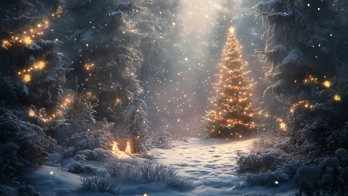Snowy forest Christmas tree glows under soft twilight sky.