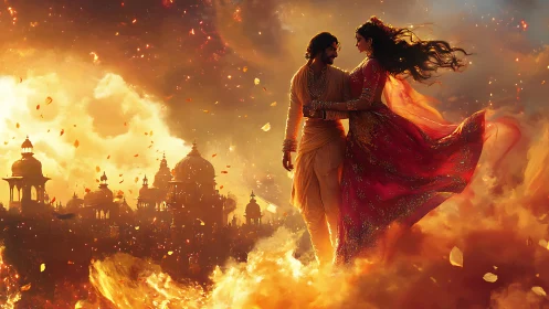 Lovers drift above ember-lit palaces in flaming twilight.