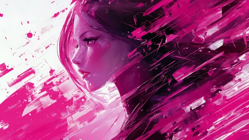 Neon pink portrait shatters into dynamic digital fragments.