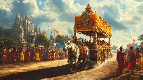 Temple chariot procession under dramatic festival sky.